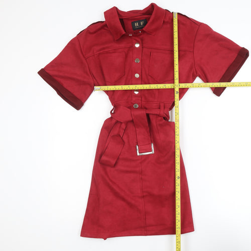 H.F Women Red Knee Length Shirt Dress Size L Belted Collared Workwear