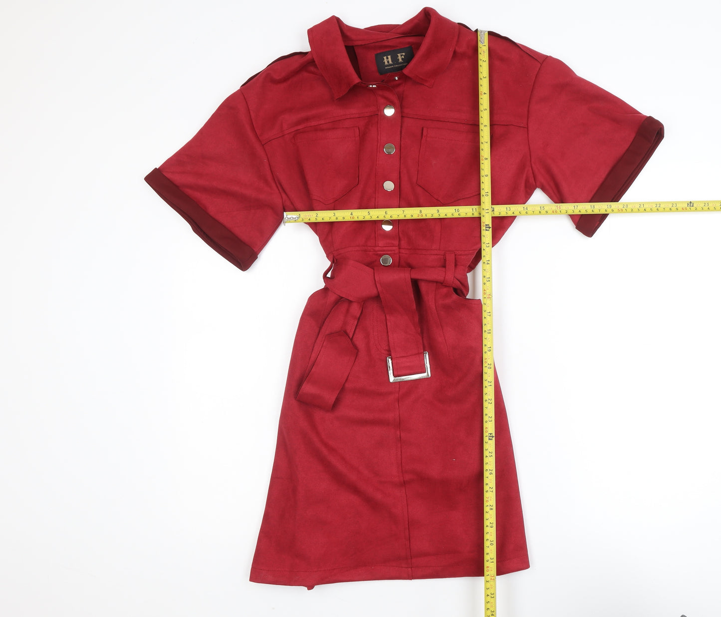 H.F Women Red Knee Length Shirt Dress Size L Belted Collared Workwear