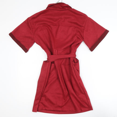 H.F Women Red Knee Length Shirt Dress Size L Belted Collared Workwear