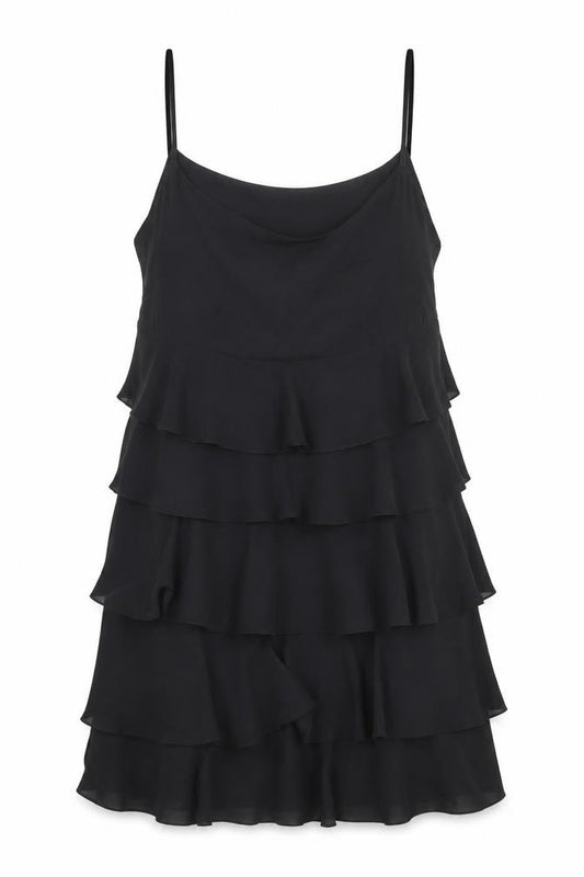 Front view of G2000 Women Black Ruffle Layered Chiffon Slip Dress, size 12