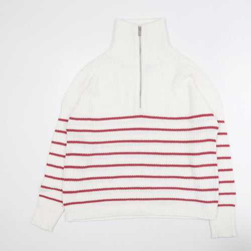 Rachel Zoe Women White Striped High Neck Half Zip Jumper Size L