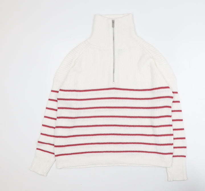 Rachel Zoe Women White Striped High Neck Half Zip Jumper Size L