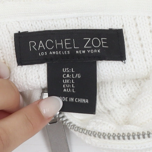 Rachel Zoe Women White Striped High Neck Half Zip Jumper Size L