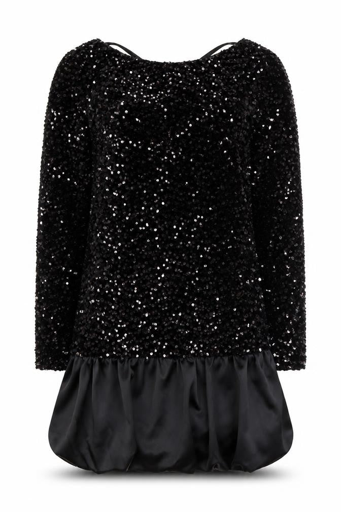 Front view of Kate & Pippa Women’s Black Sequin Shift Short Dress, size M, Party
