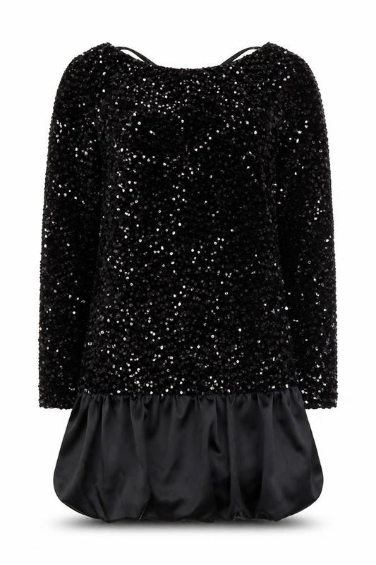 Front view of Kate & Pippa Women’s Black Sequin Shift Short Dress, size M, Party