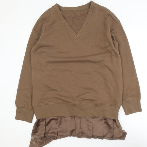 Commense Women Brown M V-Neck Long Sleeve Knit Sweater Dress