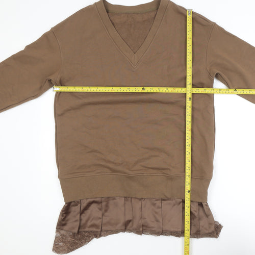 Commense Women Brown M V-Neck Long Sleeve Knit Sweater Dress