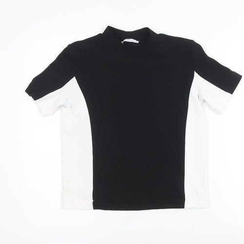Zara Women Black White Colourblock Mock Neck Short Sleeve T-Shirt S
