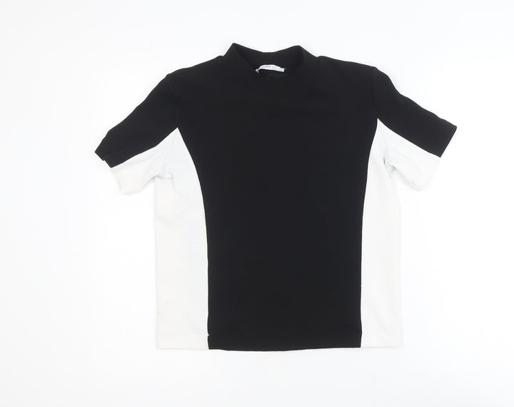 Zara Women Black White Colourblock Mock Neck Short Sleeve T-Shirt S