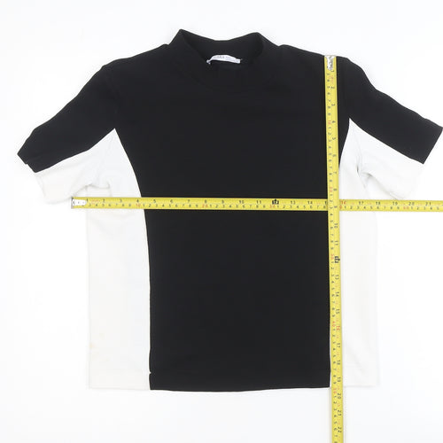Zara Women Black White Colourblock Mock Neck Short Sleeve T-Shirt S