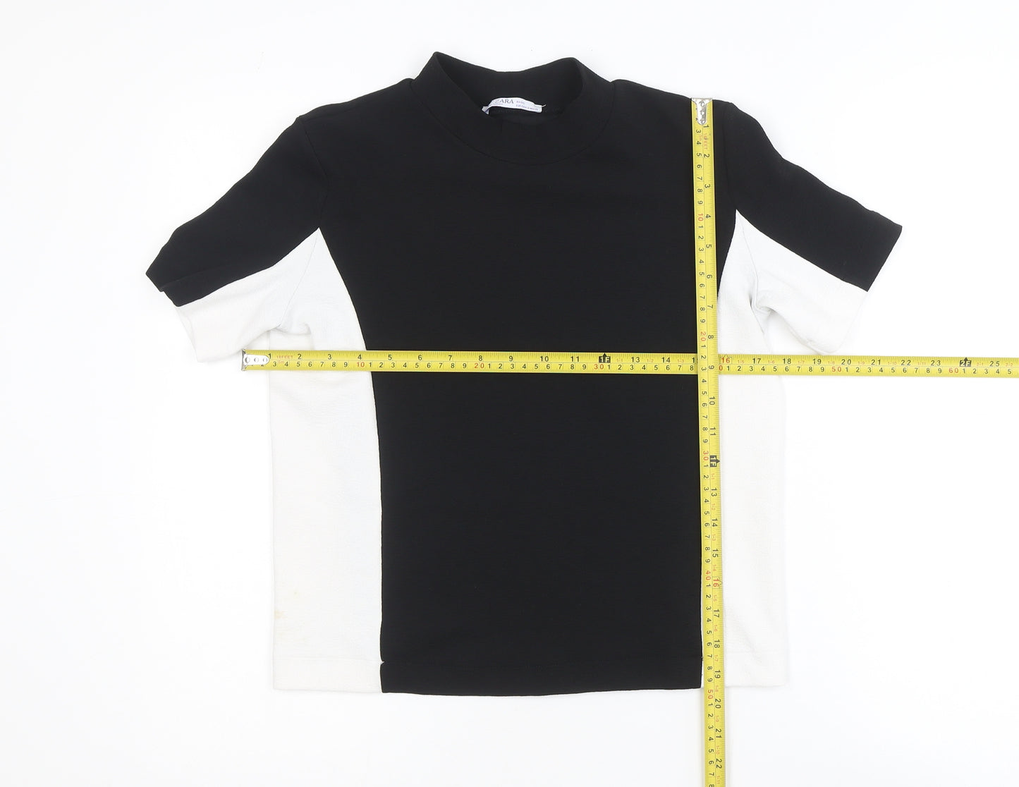 Zara Women Black White Colourblock Mock Neck Short Sleeve T-Shirt S