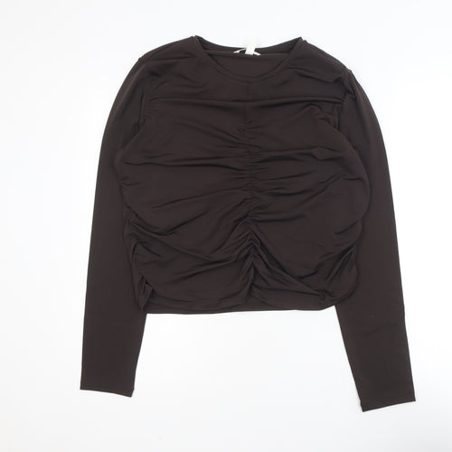 H&M Women Brown Ruched Long Sleeve Jersey Top Size 16