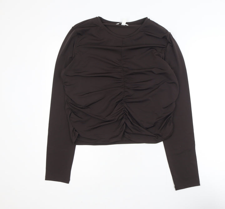 H&M Women Brown Ruched Long Sleeve Jersey Top Size 16