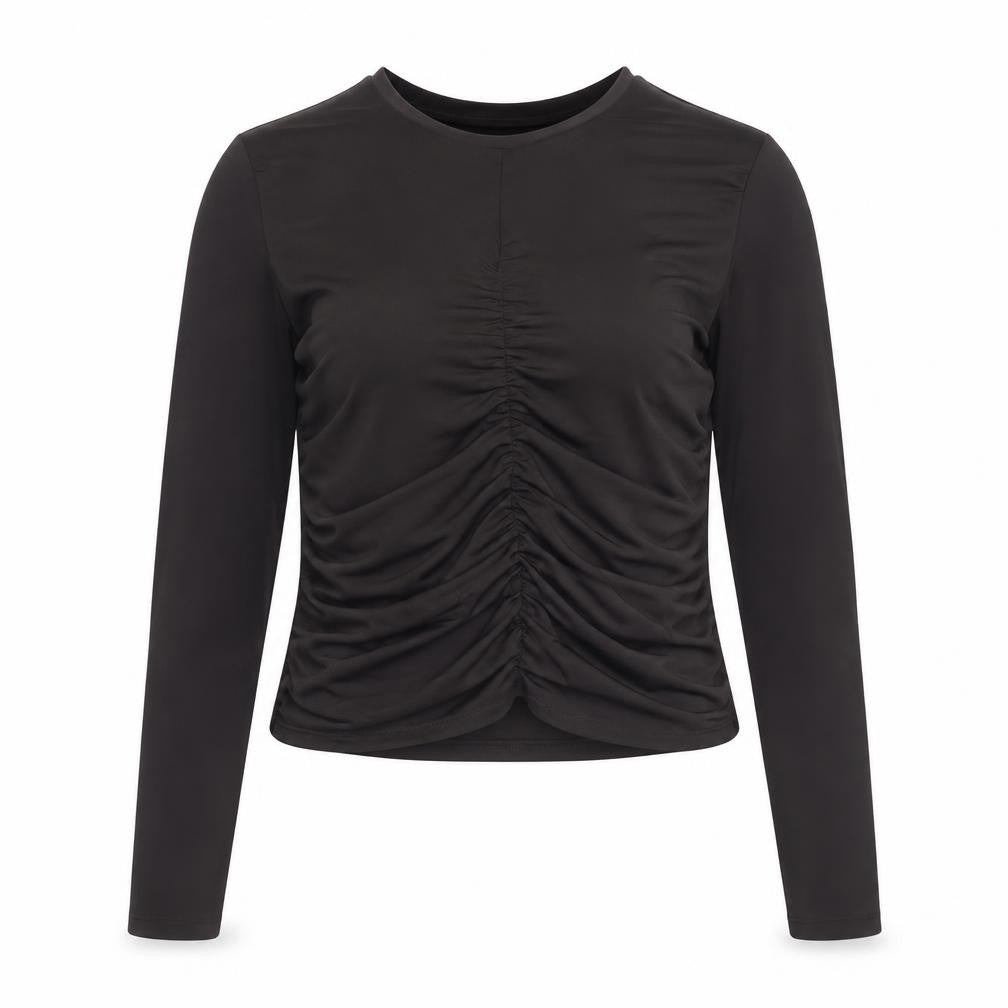 Front view of H&M Women Brown Ruched Long Sleeve Jersey Top, size 16