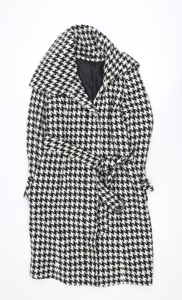 Dunnes Stores Women's Black Houndstooth Belted Wool Trench Coat Size 12
