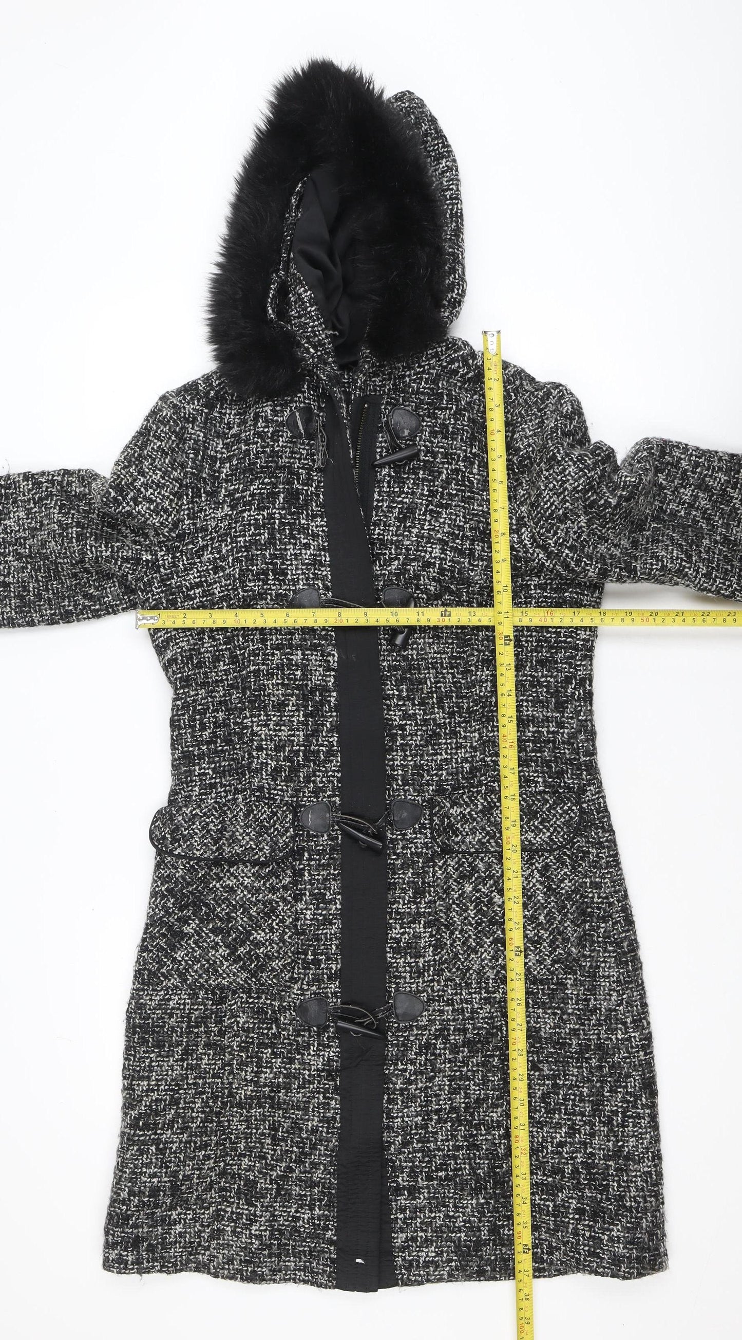 Marks and Spencer Per Una Women's Black Tweed Hooded Duffle Coat Size S