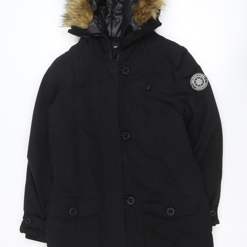 Brave Soul Men's Black Parka Coat Faux Fur Hood Size S