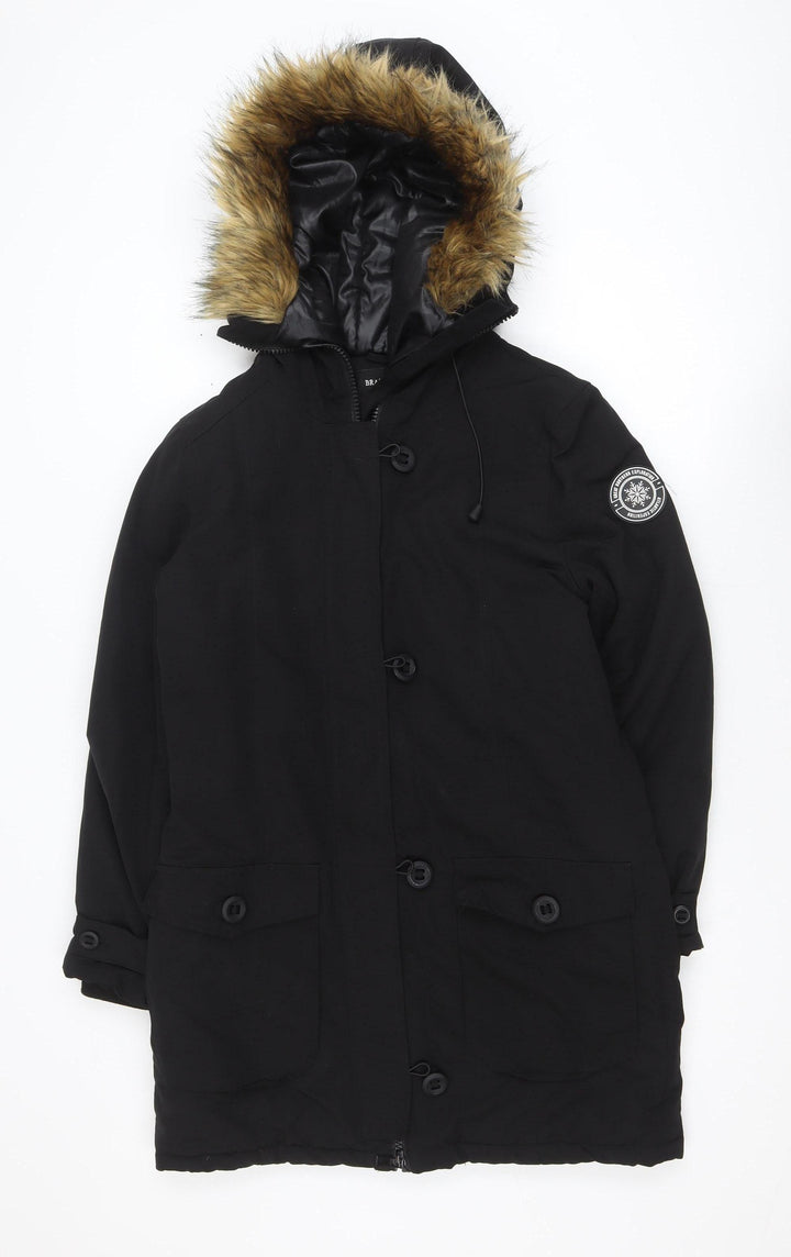 Brave Soul Men's Black Parka Coat Faux Fur Hood Size S