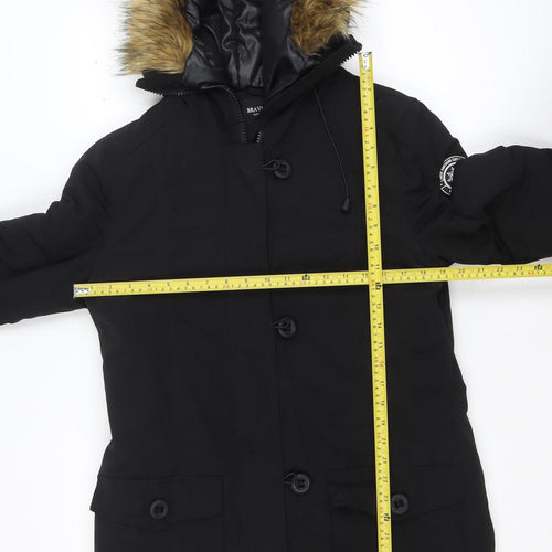 Brave Soul Men's Black Parka Coat Faux Fur Hood Size S