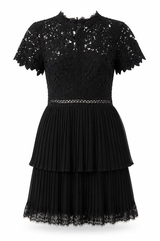 Front view of AX Paris Women’s Black Lace Pleated A-Line Short Dress, size UK 10