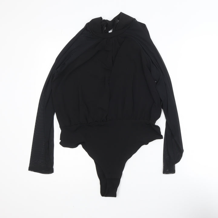 Boohoo Women’s Black High Neck Tie Wrap Bodysuit Blouse Size 14