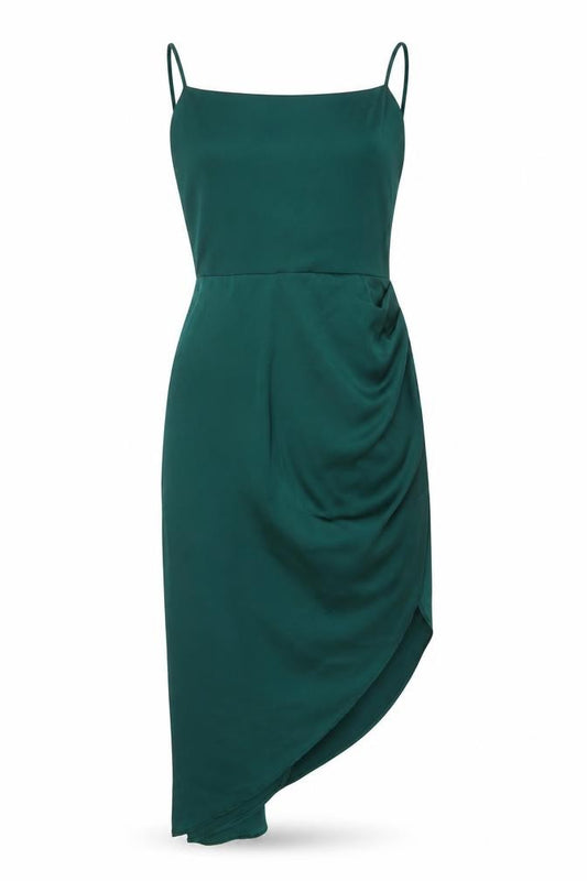 Front view of Vera & Lucy Women Green Midi Slip Dress, size M, Asymmetric Ruffle