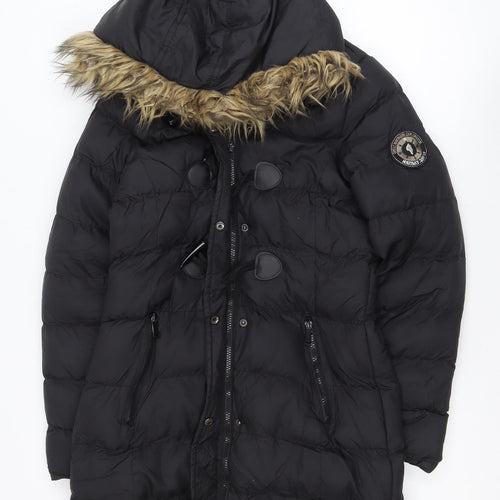 Boohoo Women's Black Long Hooded Puffer Coat Size 10 Fur Trim Winter