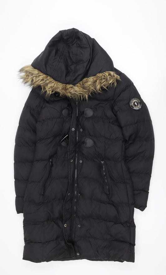 Boohoo Women's Black Long Hooded Puffer Coat Size 10 Fur Trim Winter