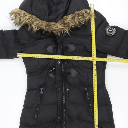 Boohoo Women's Black Long Hooded Puffer Coat Size 10 Fur Trim Winter