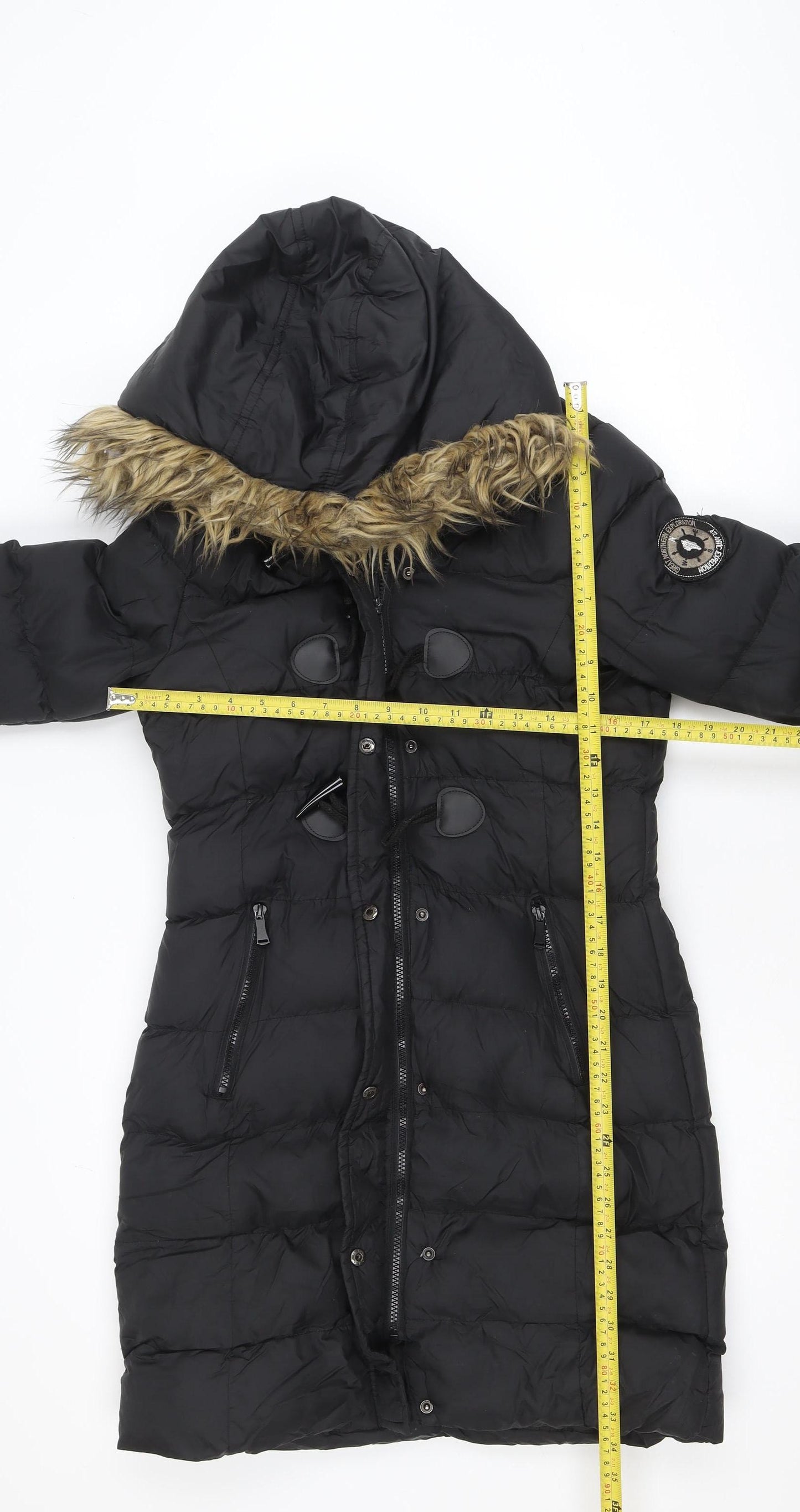 Boohoo Women's Black Long Hooded Puffer Coat Size 10 Fur Trim Winter
