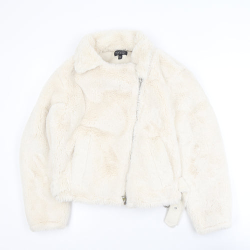 Topshop Women's Ivory Faux Fur Biker Jacket Size 8