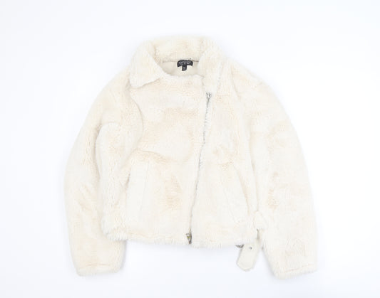 Topshop Women's Ivory Faux Fur Biker Jacket Size 8