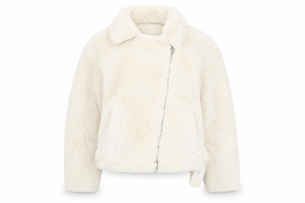 Front view of Topshop Women's Ivory Faux Fur Biker Jacket, size 8