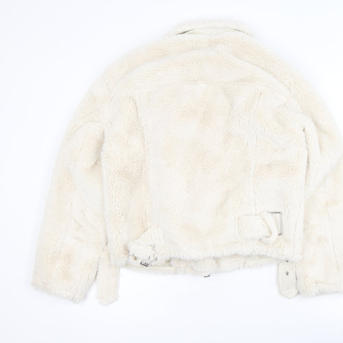 Topshop Women's Ivory Faux Fur Biker Jacket Size 8