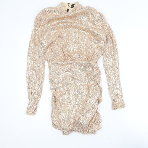 PrettyLittleThing Women’s Gold Sequin Bodycon Dress Size 6 Party Long Sleeve