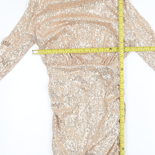 PrettyLittleThing Women’s Gold Sequin Bodycon Dress Size 6 Party Long Sleeve