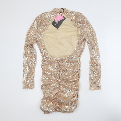 PrettyLittleThing Women’s Gold Sequin Bodycon Dress Size 6 Party Long Sleeve