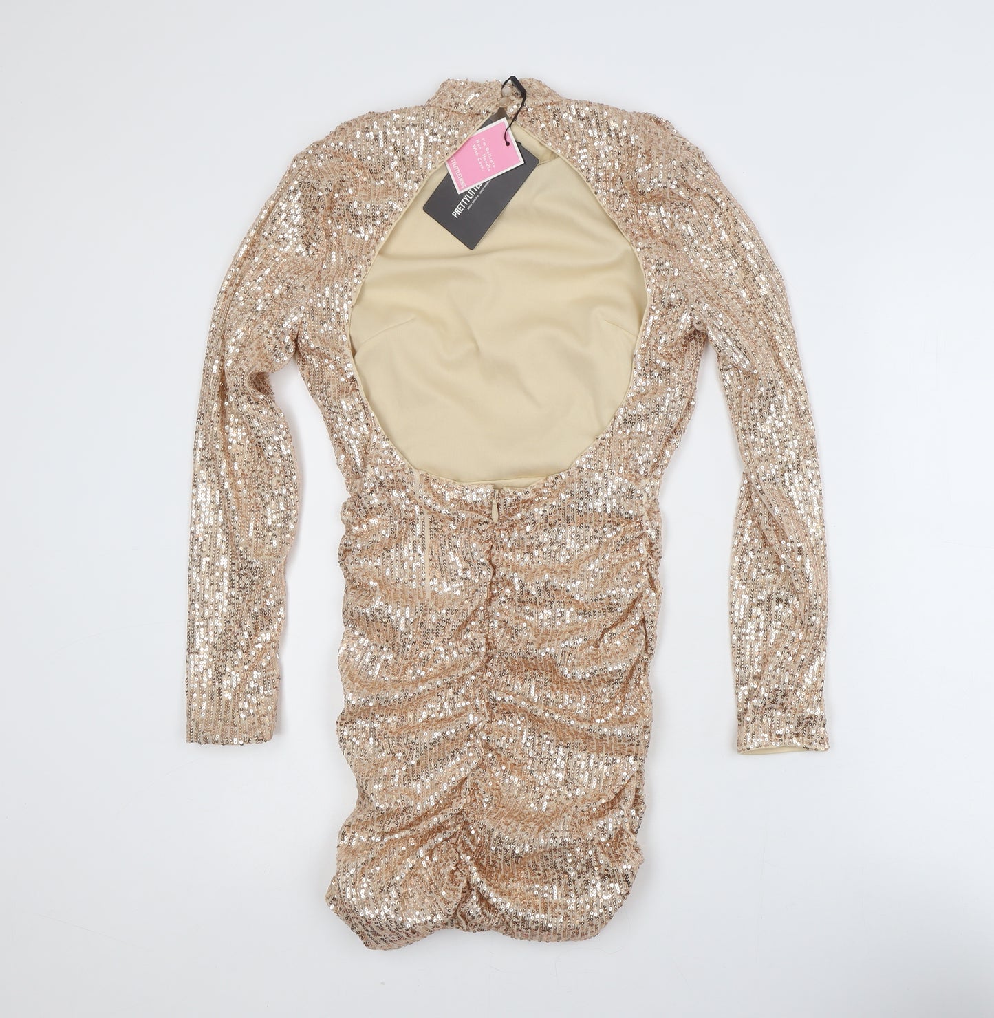 PrettyLittleThing Women’s Gold Sequin Bodycon Dress Size 6 Party Long Sleeve