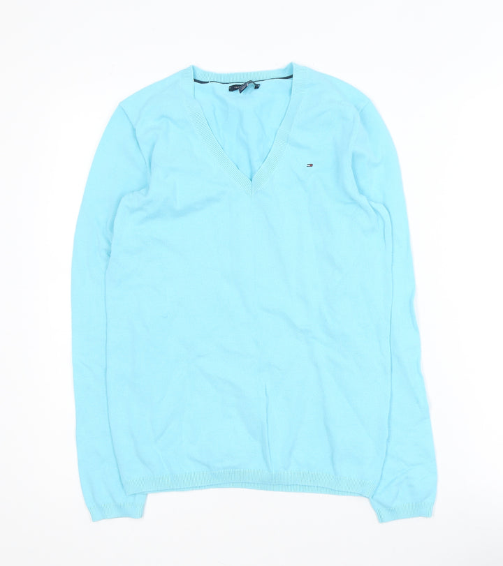Tommy Hilfiger Women's Blue V-Neck Cotton Pullover Jumper S