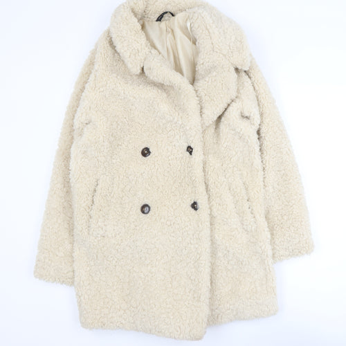 F&F Women’s Beige Faux Shearling Teddy Coat XS Double Breasted Winter Jacket
