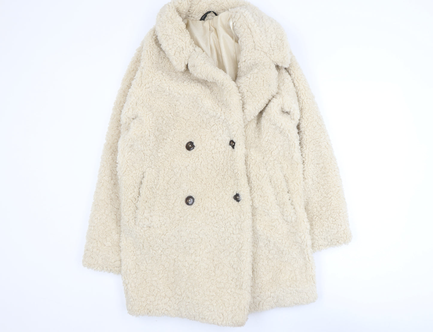 F&F Women’s Beige Faux Shearling Teddy Coat XS Double Breasted Winter Jacket
