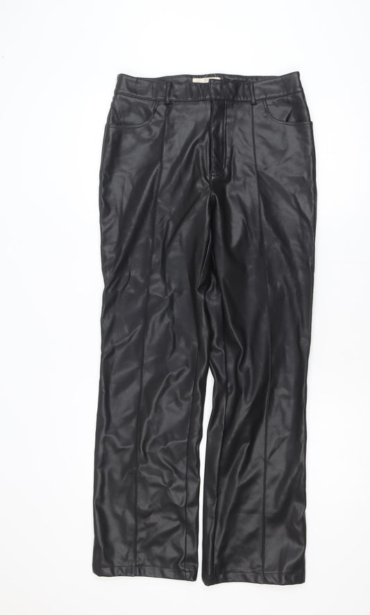 Stradivarius Womens Black Faux Leather Straight Trousers Size 12