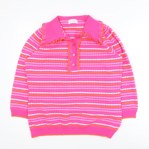 Savida Women Pink Striped Collared Henley Jumper Size 14