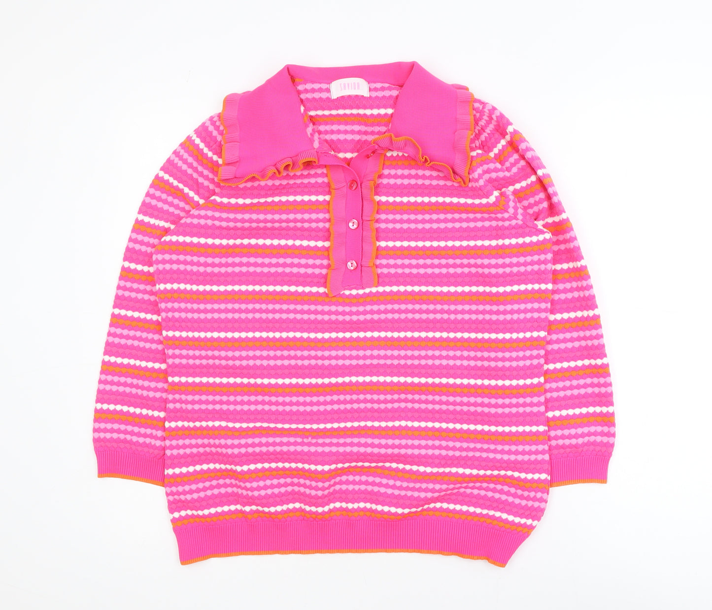 Savida Women Pink Striped Collared Henley Jumper Size 14