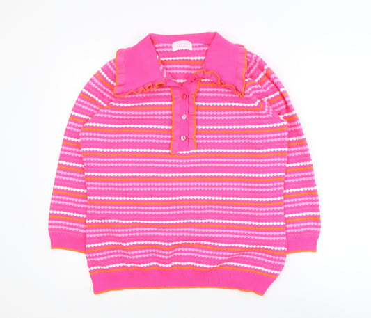 Savida Women Pink Striped Collared Henley Jumper Size 14