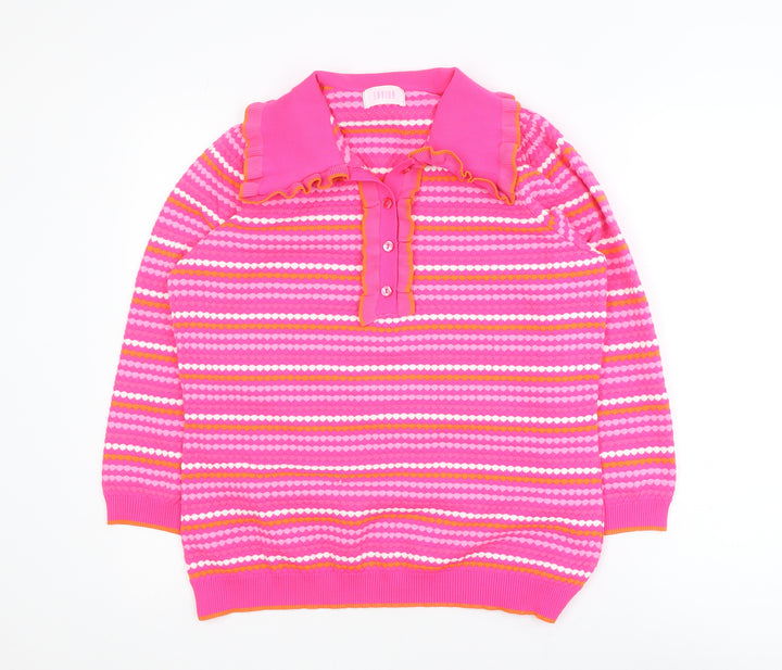 Savida Women Pink Striped Collared Henley Jumper Size 14