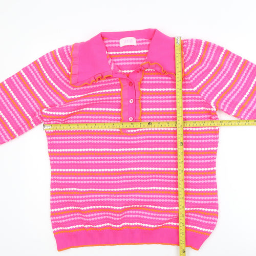 Savida Women Pink Striped Collared Henley Jumper Size 14