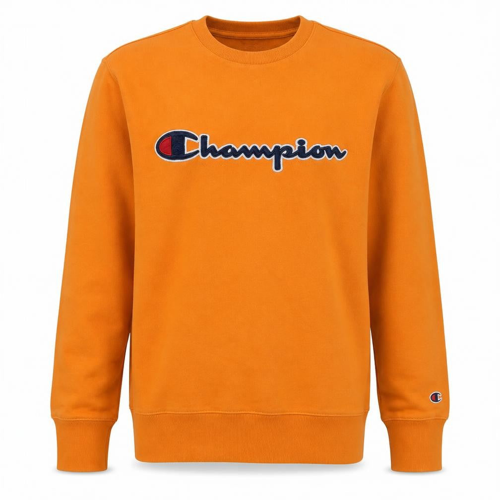 Front view of Champion Men's Orange Logo Pullover Sweatshirt, size L