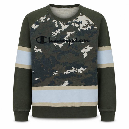 Front view of Champion Men's Green Camouflage Crew Neck Pullover Sweatshirt M