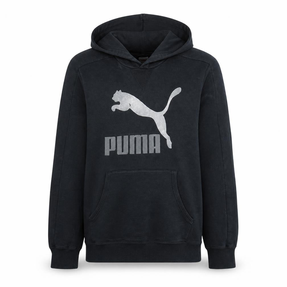 Front view of Puma Men's Black M Pullover Hoodie with Logo Graphic Print
